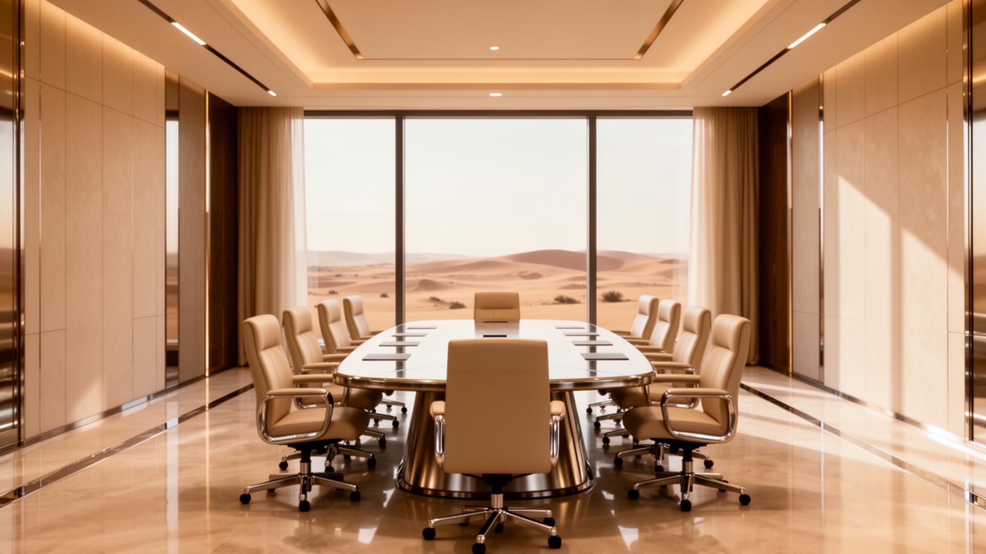 Cinematic Saudi boardroom interior